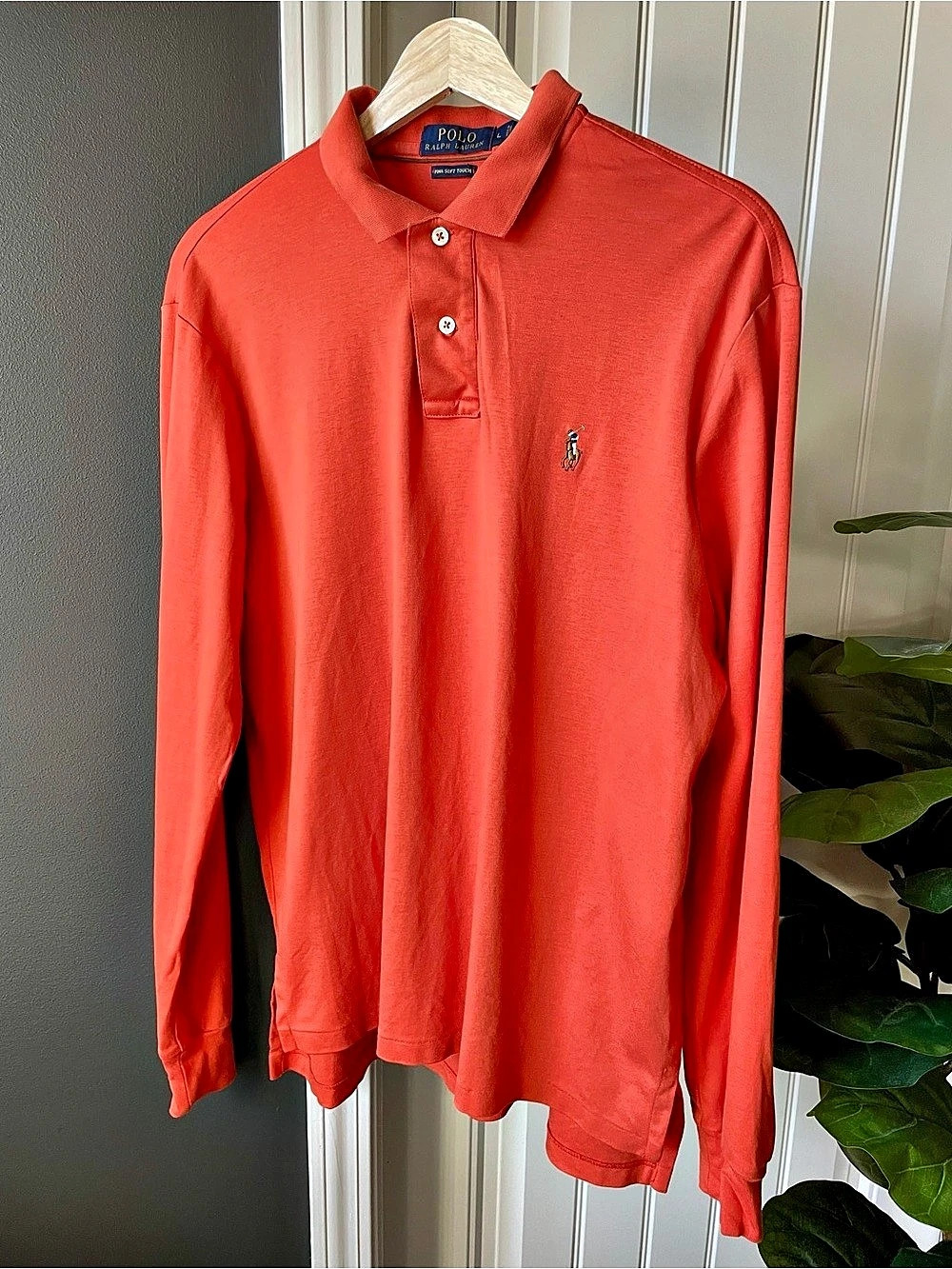 Polo Ralph Lauren Men's Large Orange Pima Soft Touch L/S Polo Suede Trim